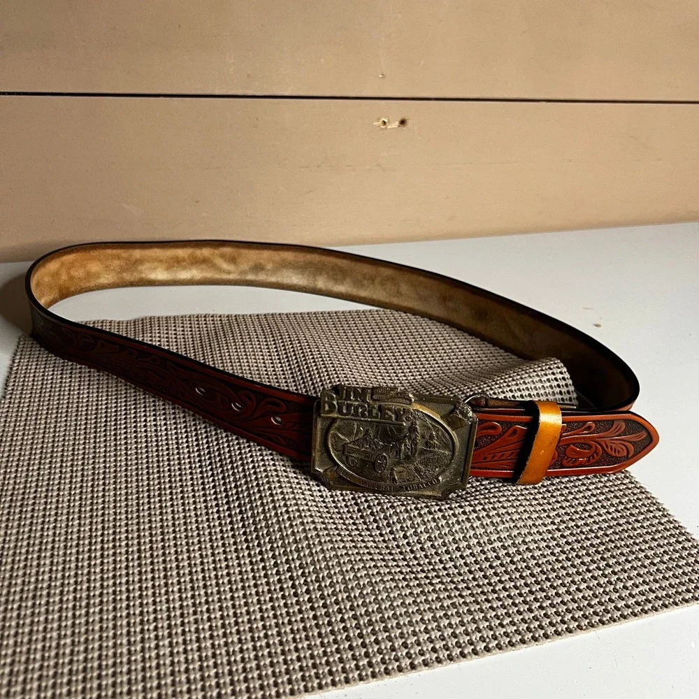 Vintage 1982 Siskiyou Jim Burley Tobacco Belt Buckle Tooled Leather Belt Brown
